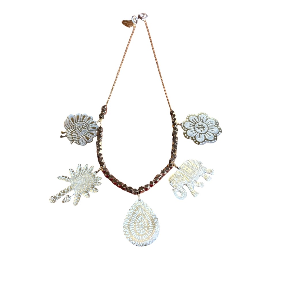 Mercedes Salazar Boho Charm‎ Necklace Elephant Leaf Floral Gold Tone Statement